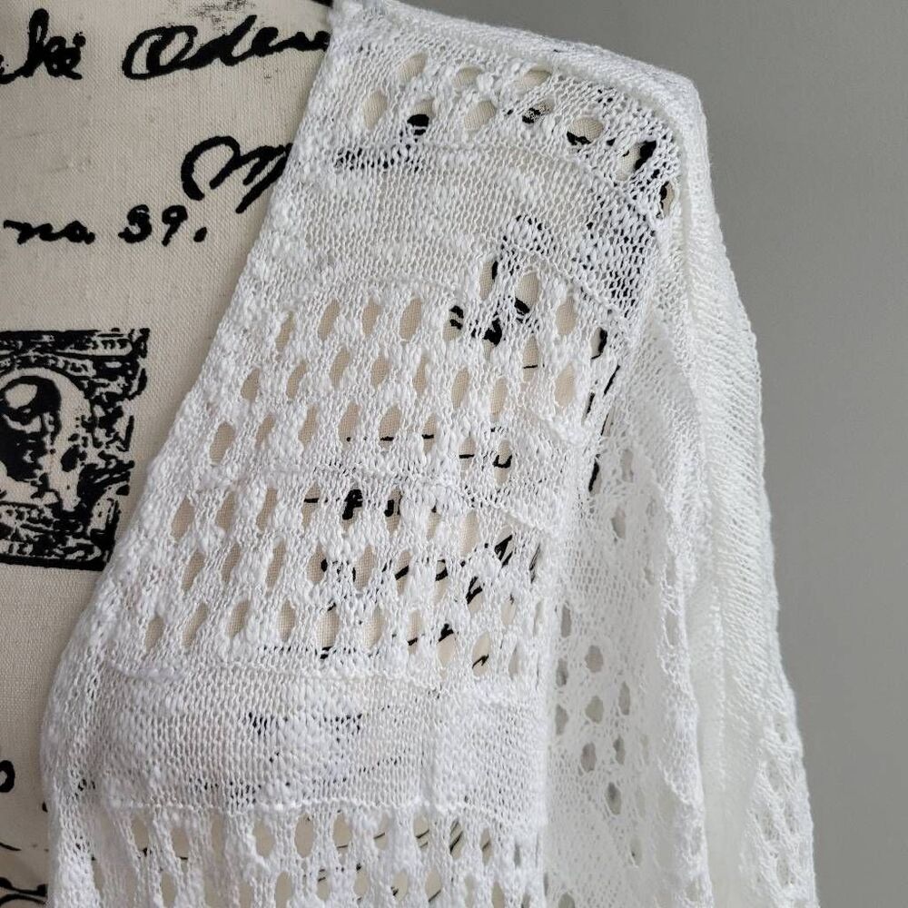 White open knit longer length cardigan open front boho minimalist beachy neutral - Picture 4 of 7